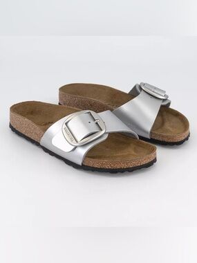 Birkenstock Madrid Big Buckle Leather Metallic Silver 9 Sandals Slides 40 Flats